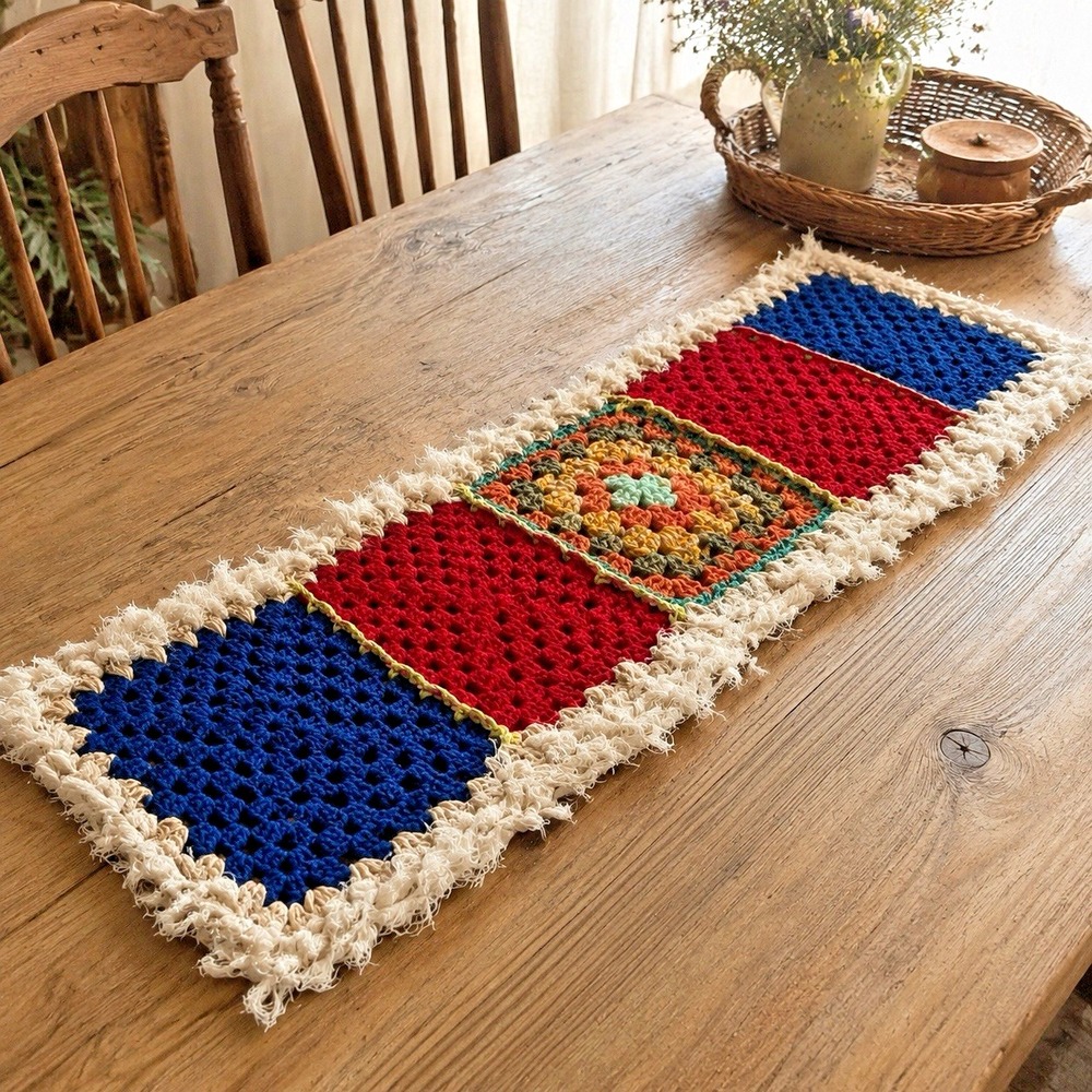 Handmade Crochet Knit Granny Square Red Blue Cream Table Runner Textile 40X13"